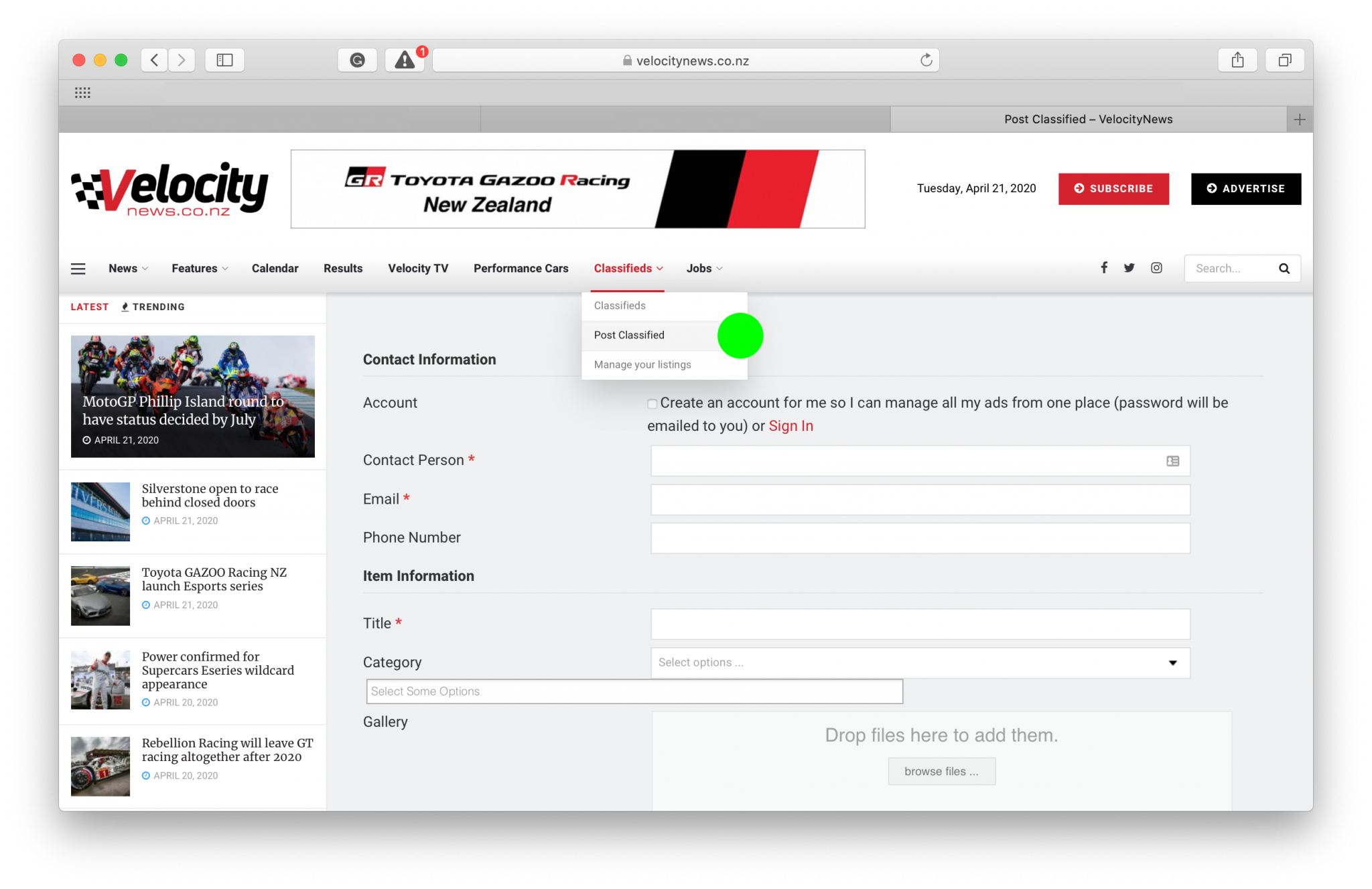 List your race car and parts for FREE. VelocityNews
