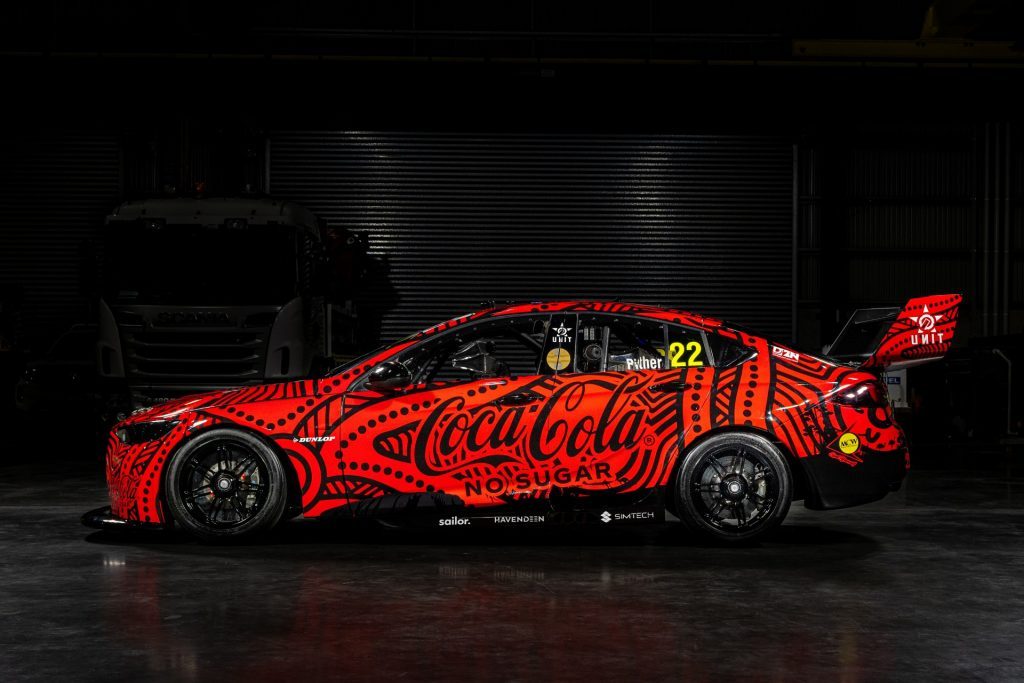 Indigenous livery on Chris Pither's Holden Commodore Supercar rear view