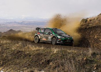 Hayden Paddon Hyundai i20 AP4 car drifting on rally stage