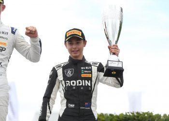 Louis Sharp on second place podium at Croft