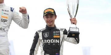 Louis Sharp on second place podium at Croft