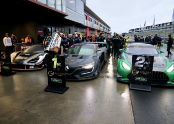 McLaren 720S GT3, Renault R.S.01 and Mercedes-Benz AMG GT3 on podium at Hampton Downs