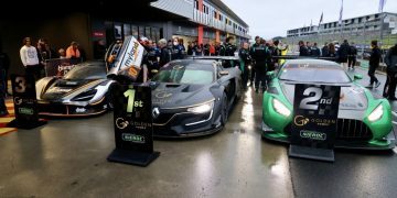 McLaren 720S GT3, Renault R.S.01 and Mercedes-Benz AMG GT3 on podium at Hampton Downs