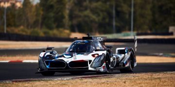 BMW M Hybrid V8 LMDh on Dallara test track front three quarters