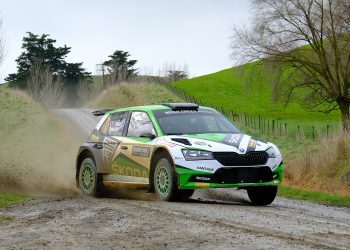 Ben Hunt's Skoda Fabia R5 sliding around gravel corner front three corners