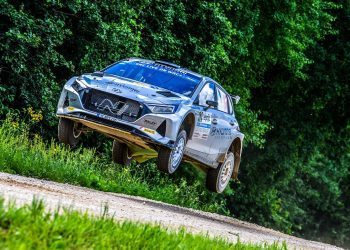 Hayden Paddon jumping Hyundai i20 N Rally2 car in Latvia