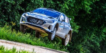 Hayden Paddon jumping Hyundai i20 N Rally2 car in Latvia