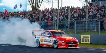 Scott McLaughlin doing burnout in Ford Mustang Supercar at Pukekohe Park Raceway