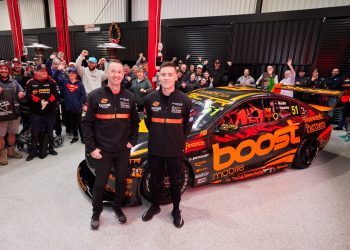 Greg Murphy and Richie Stanaway standing next to Erebus Motorsport Boost Mobile Holden Commodore Supercar