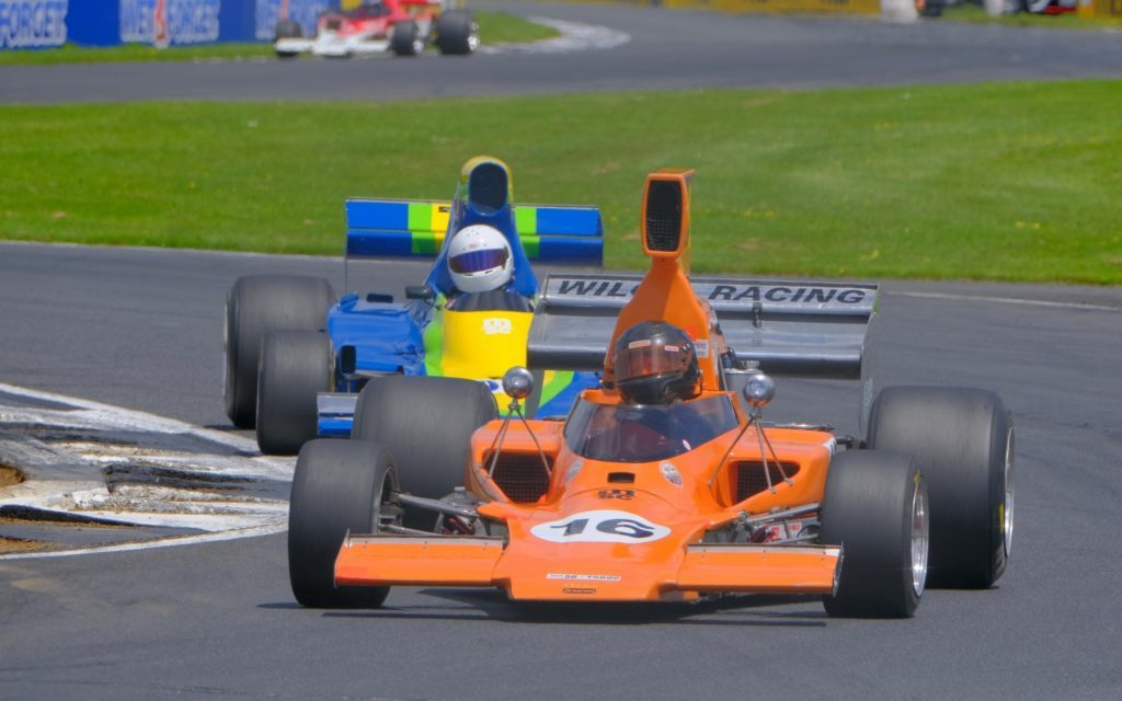 Ken Smith Lola T332 racing Michael Collins Leda GM1 F5000 cars at Pukekohe Park Raceway