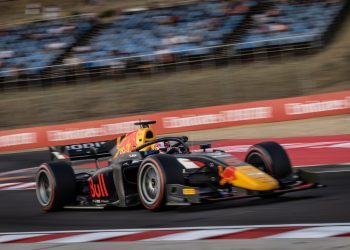 Liam Lawson Team Carlin car racing at Hungaroring in Hungary Grand Prix