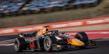 Liam Lawson Team Carlin car racing at Hungaroring in Hungary Grand Prix