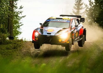 Ott Tanak jumping his Hyundai i20 WRC car