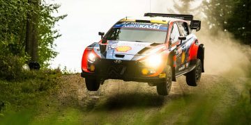 Ott Tanak jumping his Hyundai i20 WRC car