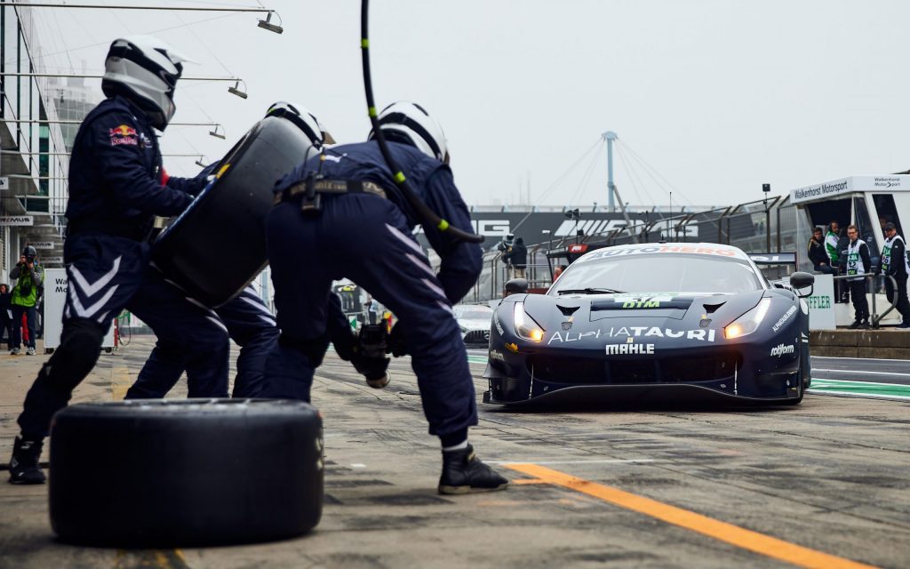 Ferrari 488 DTM car driven by Nick Cassidy pulling into pits at Nurburgring