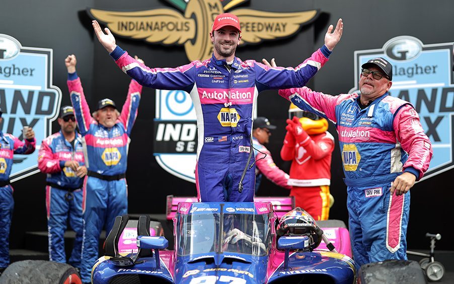 Alexander Rossi celebrating after winning Gallagher Grand Prix