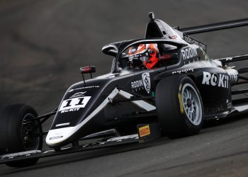 Louis Sharp Formula 4 car front three quarters at Knockhill, Scotland