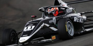 Louis Sharp Formula 4 car front three quarters at Knockhill, Scotland