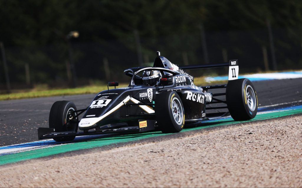 Louis Sharp Formula 4 car front three quarters at Knockhill, Scotland