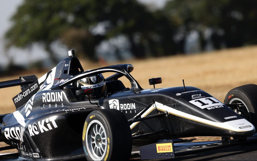 Louis Sharp Carlin Formula 4 car racing at Snetterton front three quarter close view