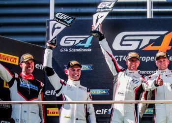 Harry McDonald on podium with Toyota Gazoo Racing Sweden teammates at Spa-Francorchamp