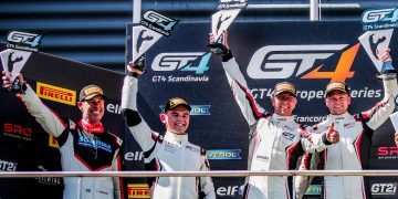 Harry McDonald on podium with Toyota Gazoo Racing Sweden teammates at Spa-Francorchamp