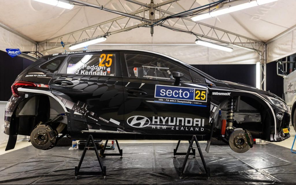Hayden Paddon's Hyundai i20 N Rally2 WRC2 car being prepared for Rally Finland