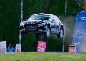 Hayden Paddon Hyundai i20 Rally2 WRC2 car jumping in Rally Finland