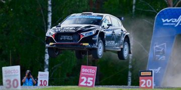 Hayden Paddon Hyundai i20 Rally2 WRC2 car jumping in Rally Finland