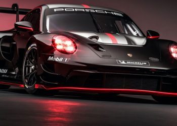 Porsche 911 GT3 R front three quarters with red headlights
