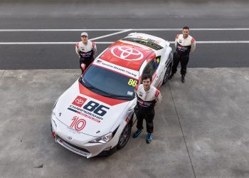 Rhys Tinney, Mitchell Sparrow and Tony Walker standing with Toyota 86 racing car