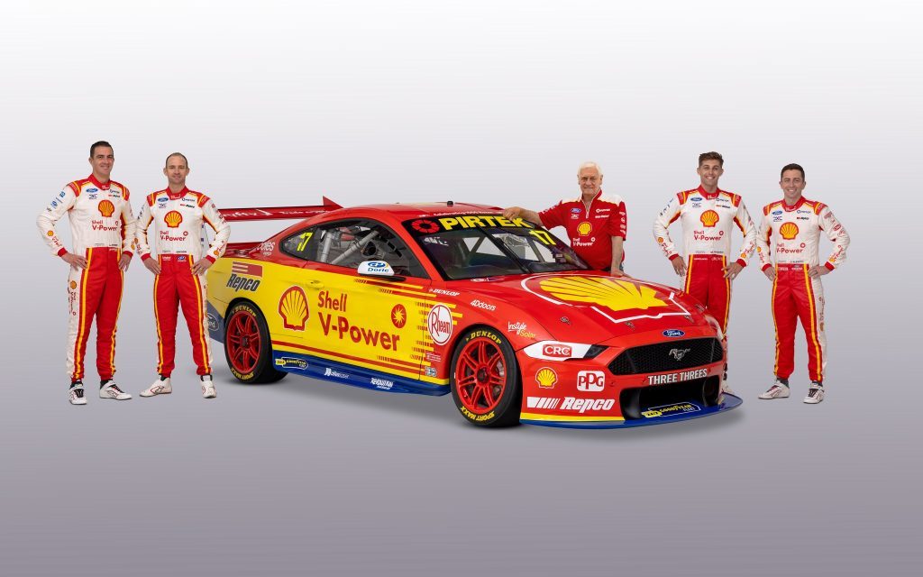 DJR Ford Mustang Supercar 1000 race tribute livery front three quarter view with drivers