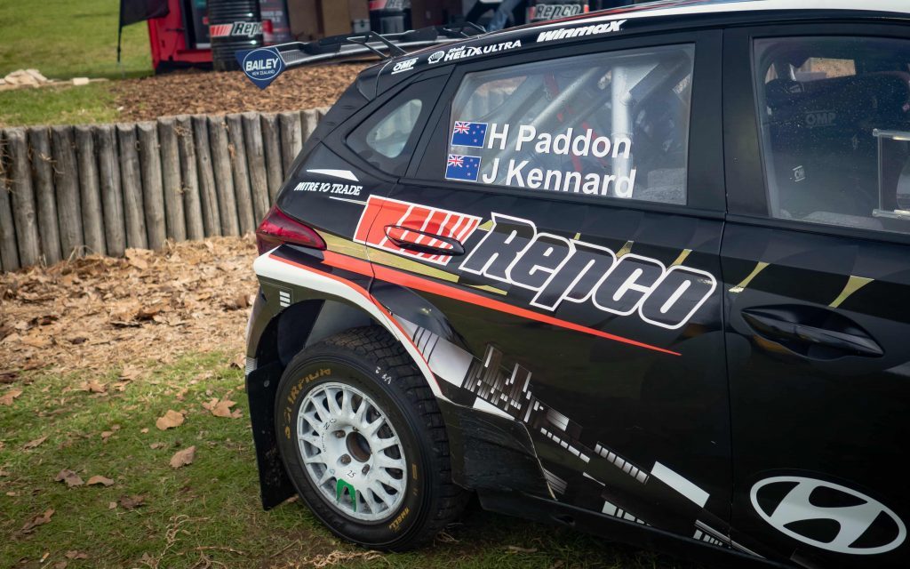 Hayden Paddon's Hyundai i20 Rally2 car with Repco livery rear quarter view