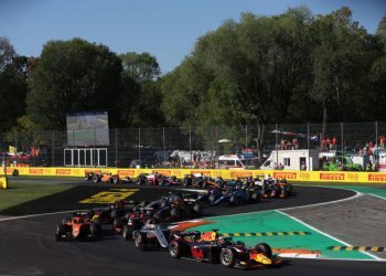 MONZA, ITALY - SEPTEMBER 11: Liam Lawson of New Zealand and Carlin (5) leads the field at the start during the Round 13:Monza Feature race of the Formula 2 Championship at Autodromo Nazionale Monza on September 11, 2022 in Monza, Italy. (Photo by Alex Pantling - Formula 1/Formula Motorsport Limited via Getty Images)