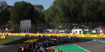 MONZA, ITALY - SEPTEMBER 11: Liam Lawson of New Zealand and Carlin (5) leads the field at the start during the Round 13:Monza Feature race of the Formula 2 Championship at Autodromo Nazionale Monza on September 11, 2022 in Monza, Italy. (Photo by Alex Pantling - Formula 1/Formula Motorsport Limited via Getty Images)