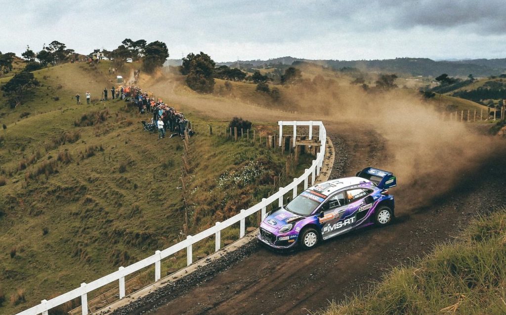 Gus Greensmith's Ford Puma WRC1 car drifting on dirt