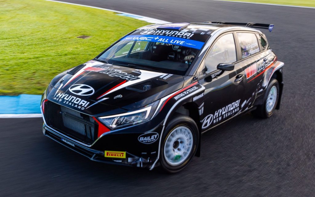 Hayden Paddon's Hyundai i20 Rally2 car driving with Repco livery at Pukekohe