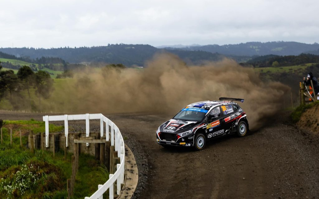 Hyundai i20 Rally2 car drifting around corner