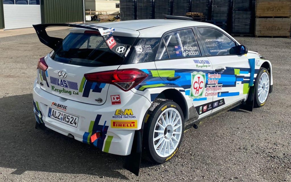 Hayden Paddon's Rali Ceredigion Hyundai i20 N rally car rear three quarter view