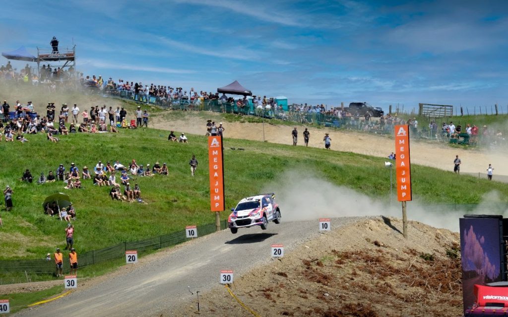 Holden Barina rally car jumping at Jack's Ridge rally stage