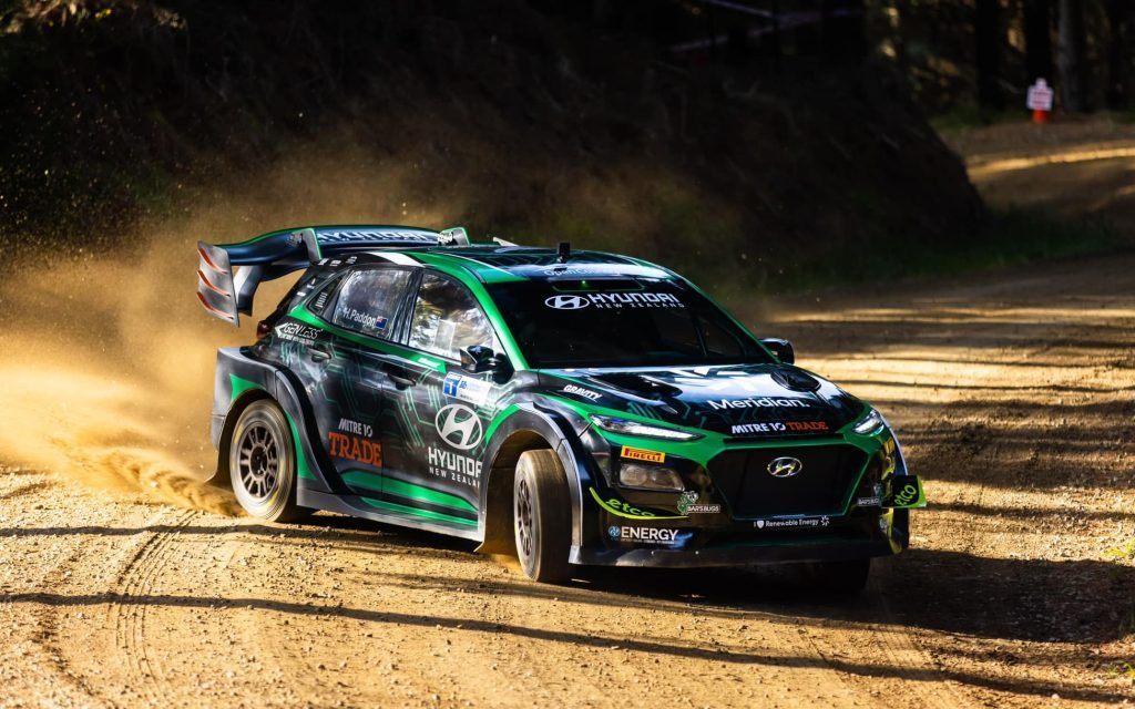 Hayden Paddon's Hyundai Kona EV drifting on forest road