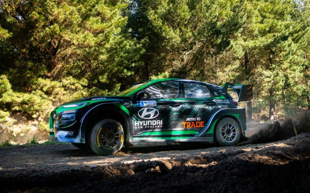 Hayden Paddon's Hyundai Kona EV drifting on forest road