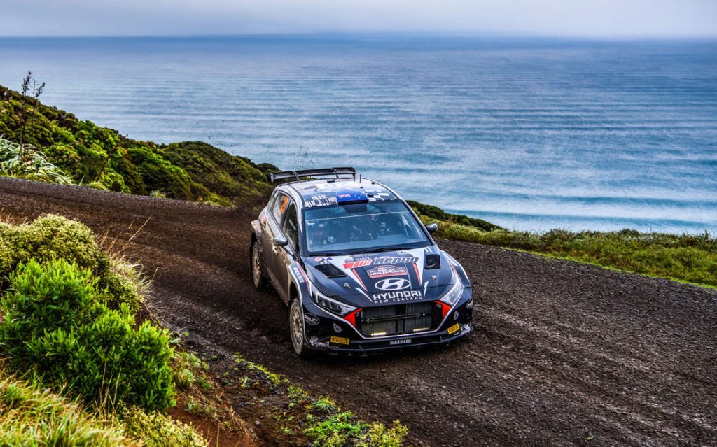 Hayden Paddon racing Hyundai i20 Rally2 in New Zealand