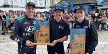 Hayden Paddon and Jared Hudson holding first place trophies at Rali Ceredigion