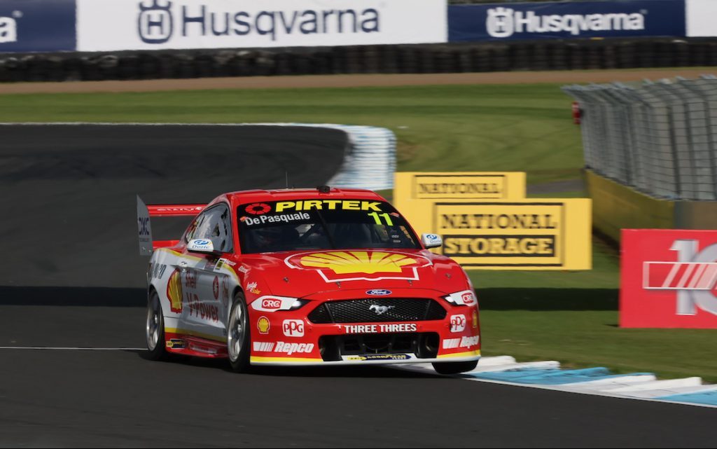 Anton De Pasquale Ford Mustang Supercar at Pukekohe front three quarter view racing