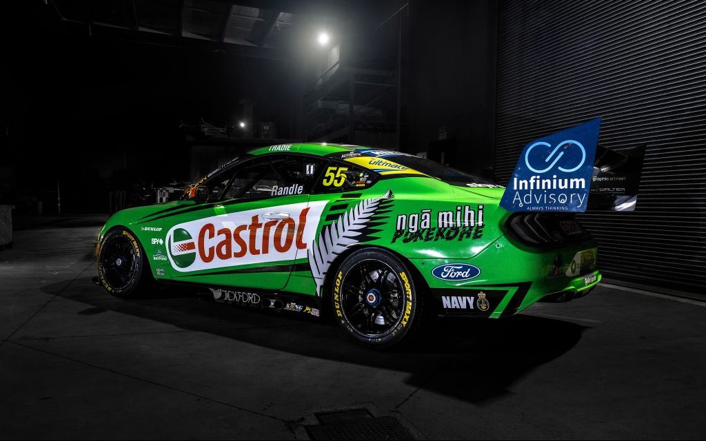 Thomas Randle Tickford Racing Ford Mustang Supercar Pukekohe tribute livery rear three quarter view