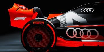 Rear quarter view of Audi Formula 1 car
