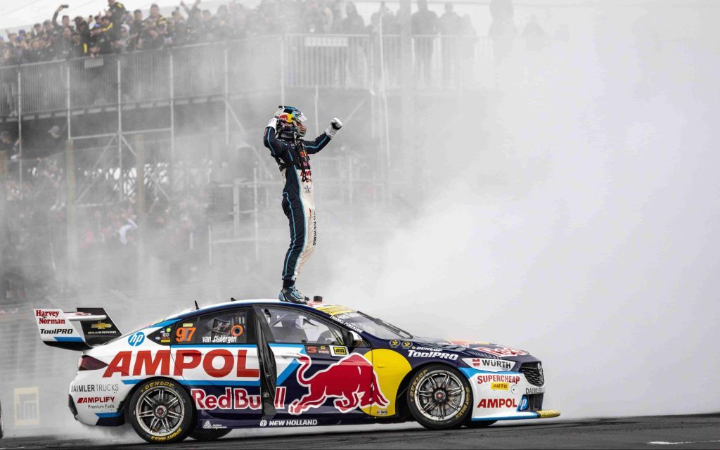 Shane van Gisbergen celebrating on Holden ZB Commodore Supercar at Pukekohe