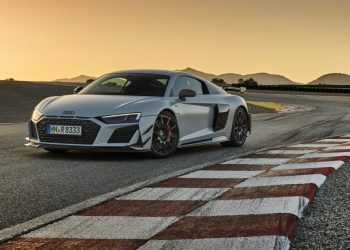 Audi R8 GT front three quarter view on race track