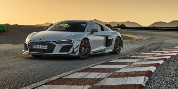 Audi R8 GT front three quarter view on race track